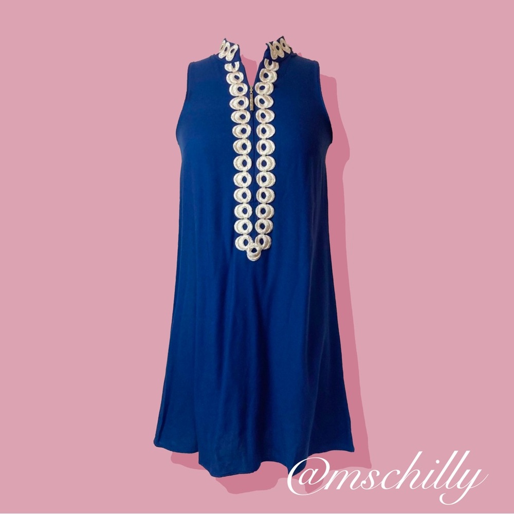 Lilly Pulitzer Jane Shift Dress Sleeveless Gold Navy Blue 0
